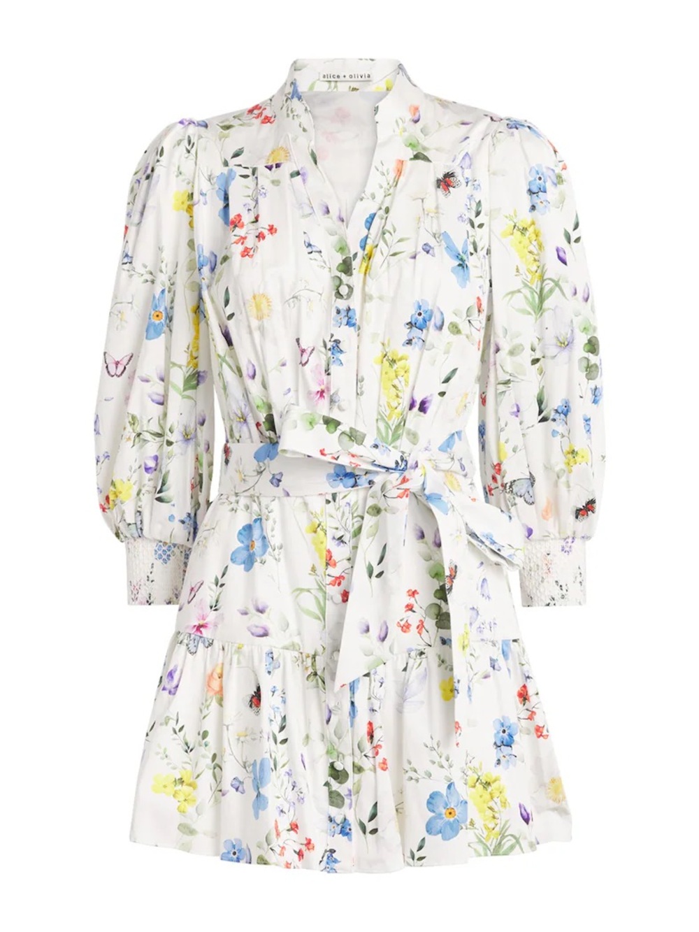 Alice + Olivia Floral Cora Shirt Dress Puff-Sleeve Tie-Waist Mini